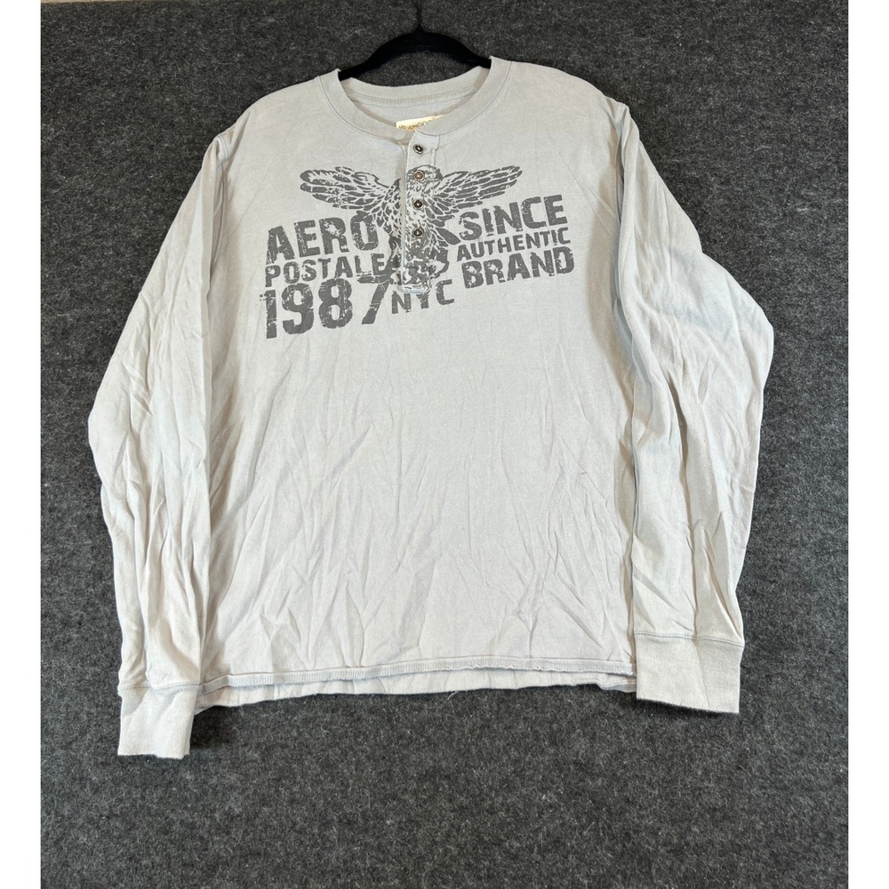 Aeropostale 1987 NYC Henley Shirt Mens Large Gray Long Sleeve Streetwear Grunge
